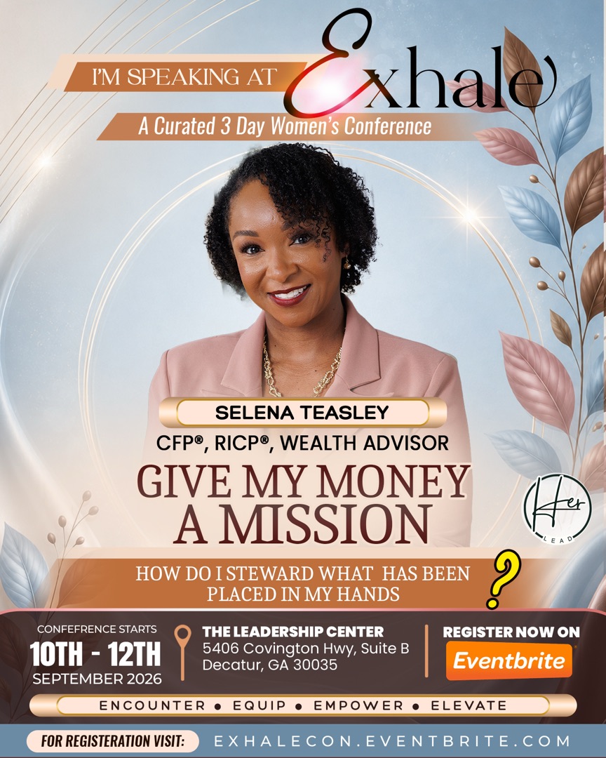 Exhale women’s conference flyer announcing Selena Teasley as a speaker, with her session Give My Money a Mission
